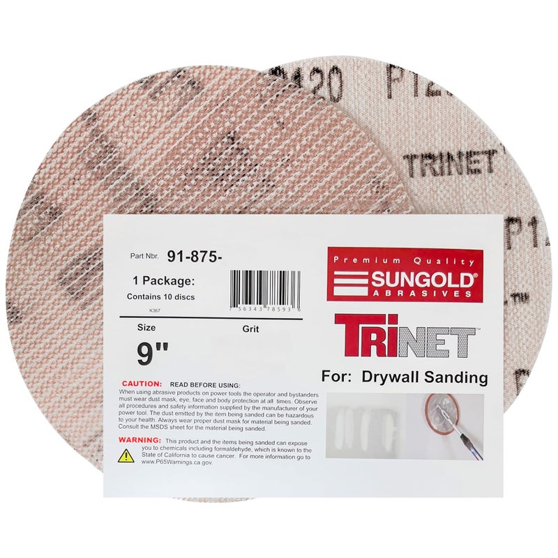 Sungold Abrasives 91-875-060 Trinet Mesh 60 Grit Hook & Loop Stearated Aluminum Oxide Sanding Discs for Drywall Sanders, 10 Pack, 9" - Image 1